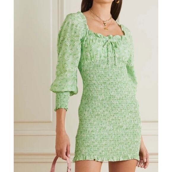 Faithfull The Brand Cosima Mini Dress Floral Ruffle Smocked Balloon Sleeve - Picture 2 of 16